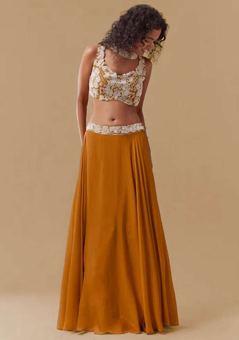 Orange Chinon Handwork Lehenga Set - Indya
