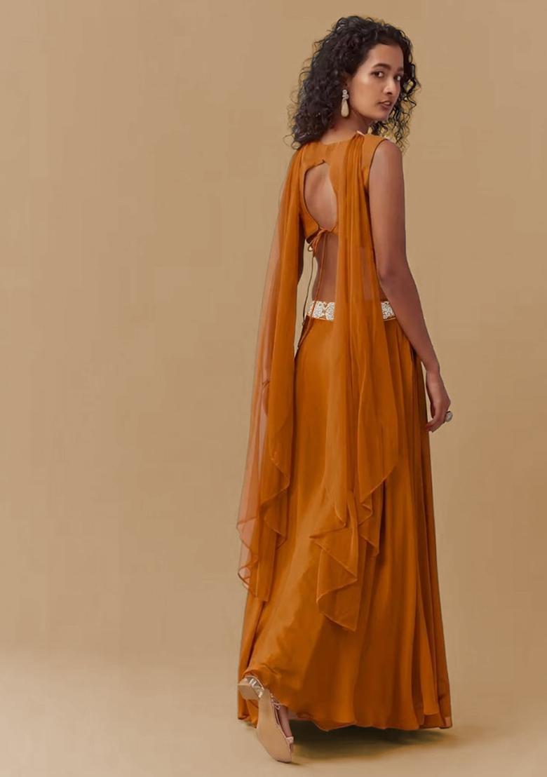 Orange Chinon Handwork Lehenga Set - Indya