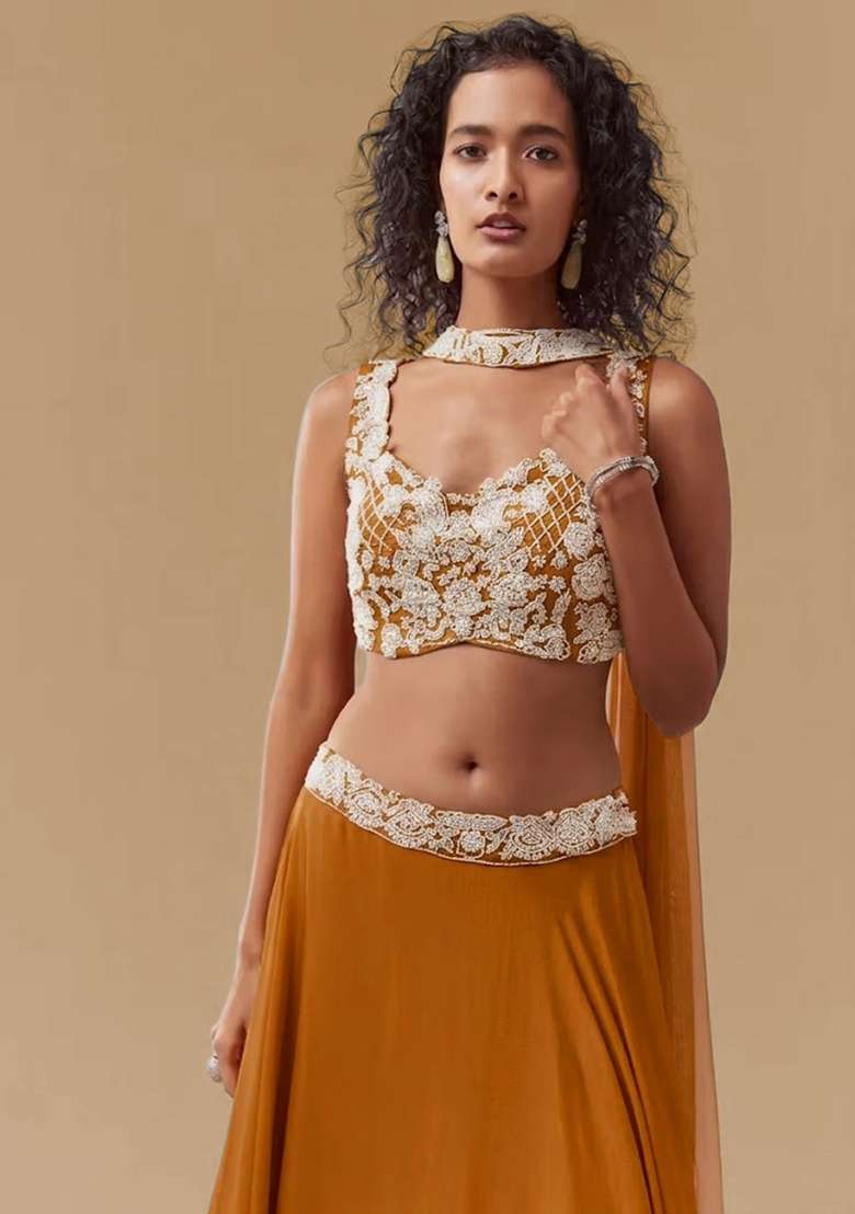 Orange Chinon Handwork Lehenga Set - Indya