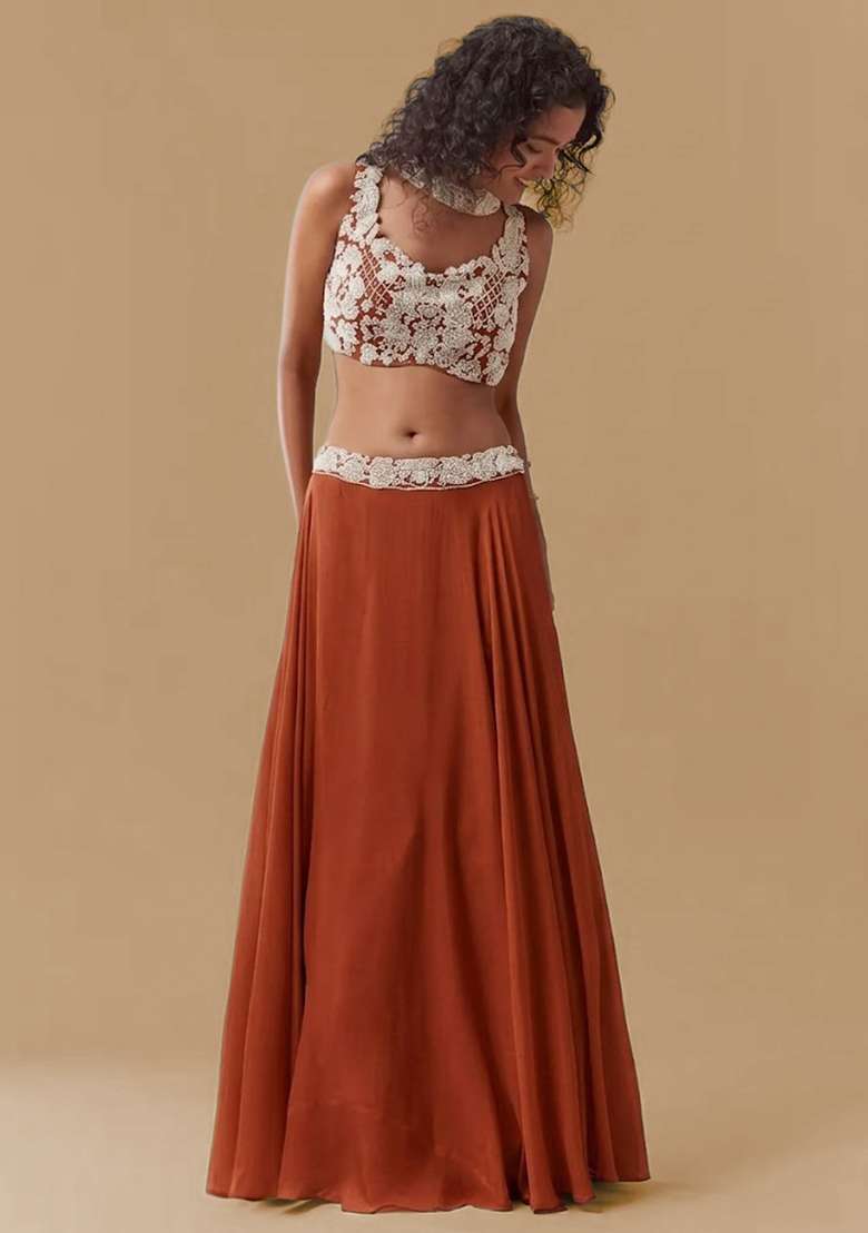 Rust Chinon Handwork Lehenga Set - Indya