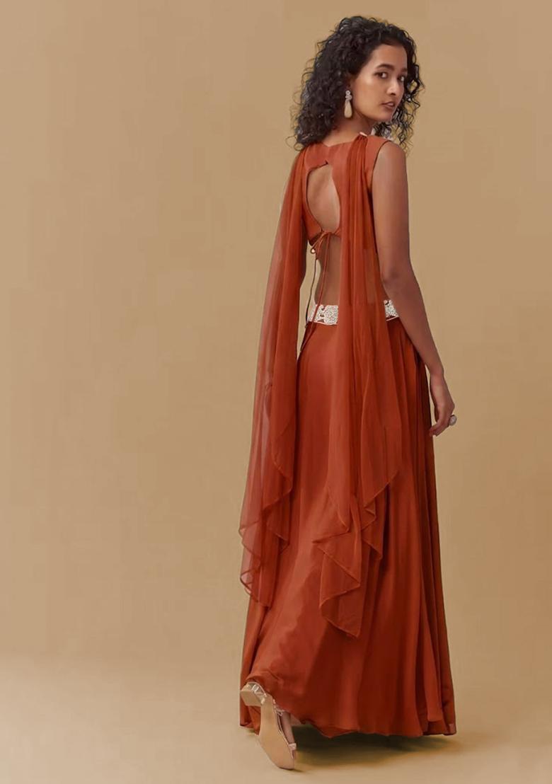 Rust Chinon Handwork Lehenga Set - Indya