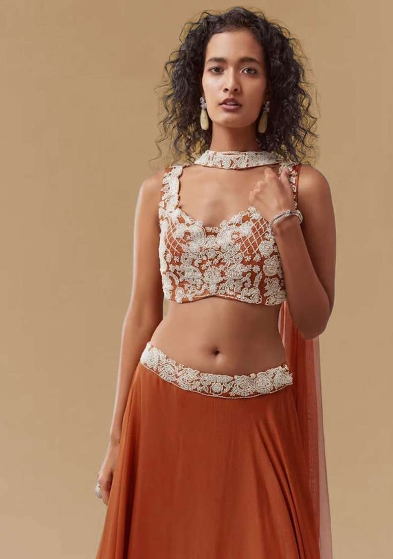 Rust Chinon Handwork Lehenga Set - Indya