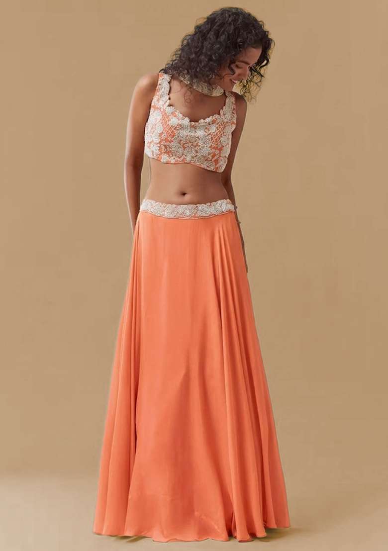 Coral Orange Chinon Handwork Lehenga Set - Indya
