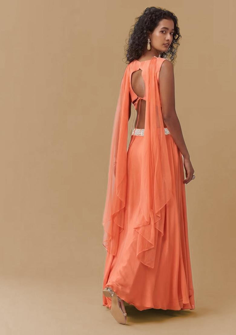 Coral Orange Chinon Handwork Lehenga Set - Indya