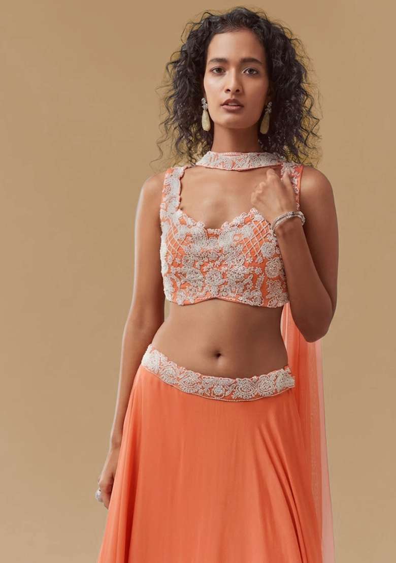 Coral Orange Chinon Handwork Lehenga Set - Indya