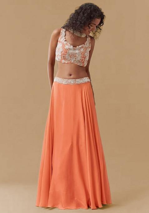 Coral Orange Chinon Handwork Lehenga Set