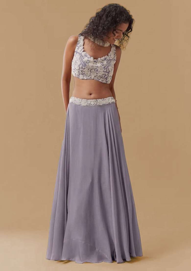 Dusty Lavender Chinon Handwork Lehenga Set - Indya