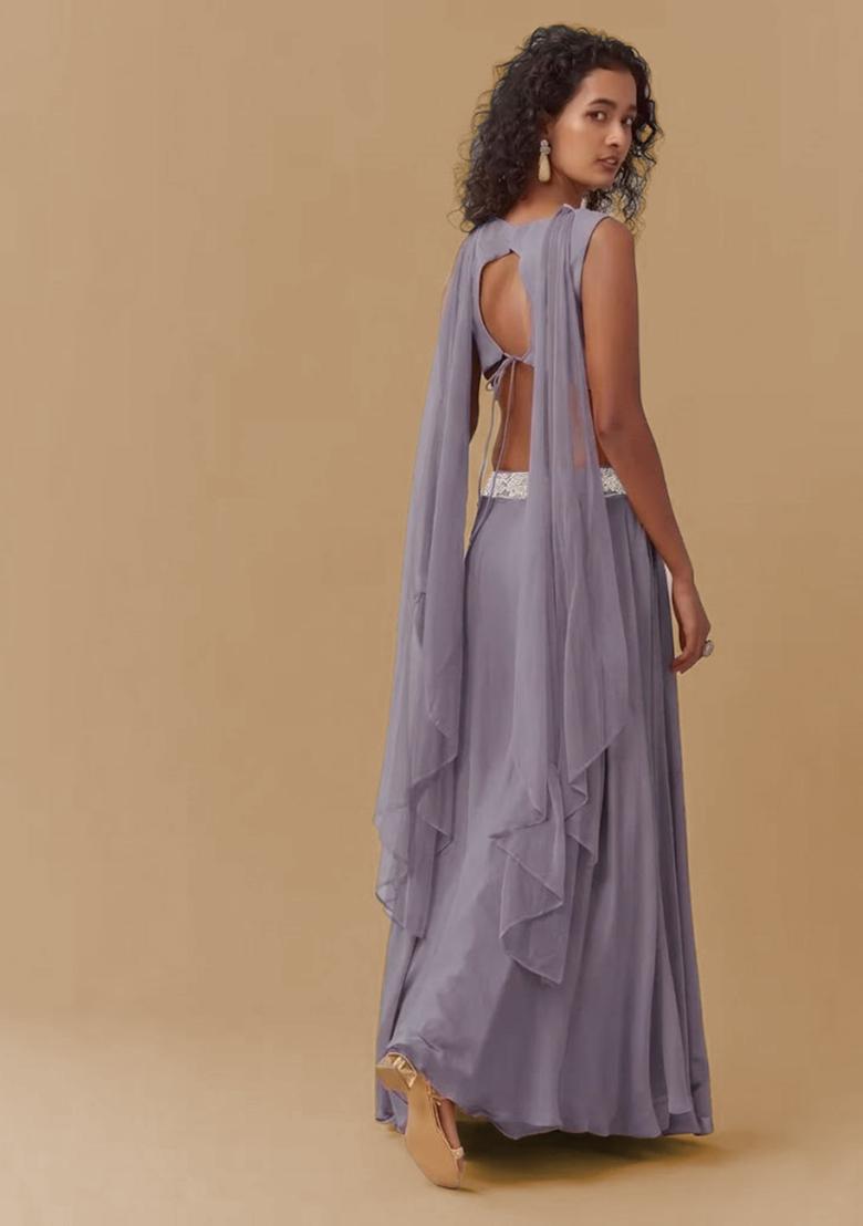 Dusty Lavender Chinon Handwork Lehenga Set - Indya