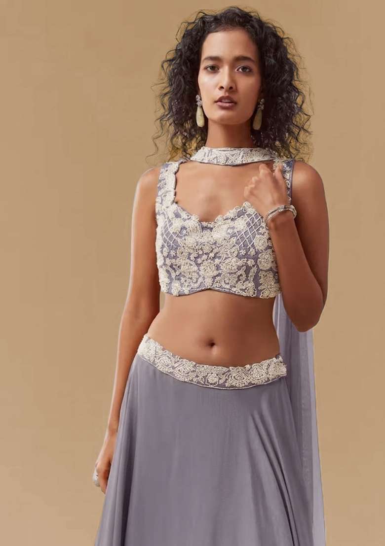 Dusty Lavender Chinon Handwork Lehenga Set - Indya