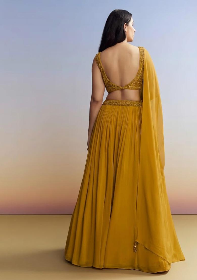 Mustard Georgette Handwork Lehenga Set - Indya