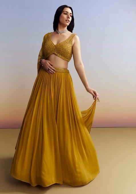 Mustard Georgette Handwork Lehenga Set