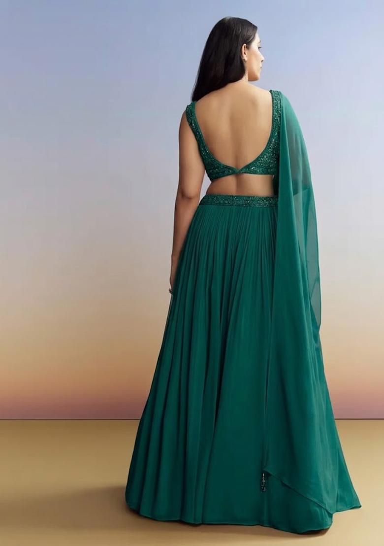 Teal Green Georgette Handwork Lehenga Set - Indya