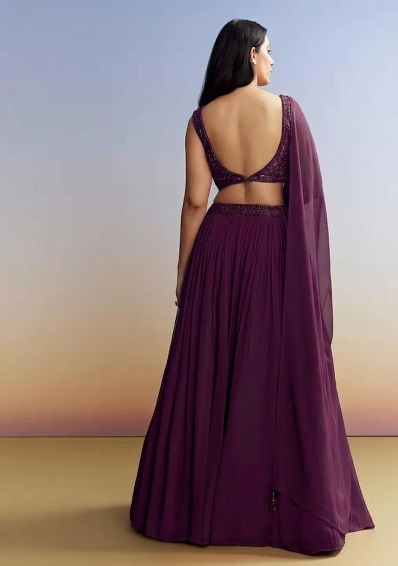 Wine Georgette Handwork Lehenga Set - Indya