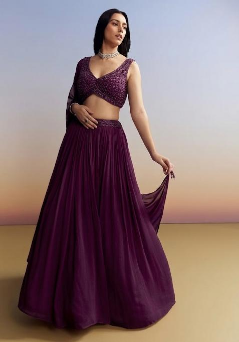 Wine Georgette Handwork Lehenga Set