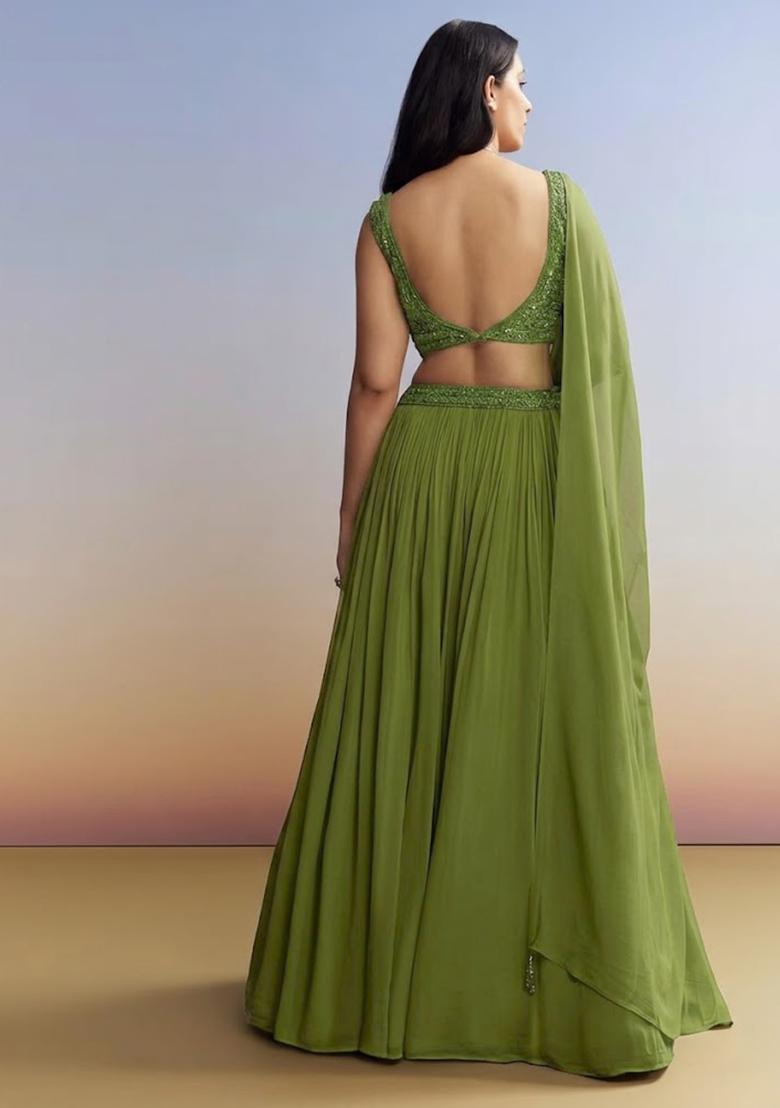 Spinach Green Georgette Handwork Lehenga Set - Indya
