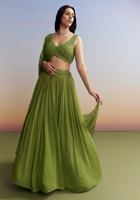 Spinach Green Georgette Handwork Lehenga Set