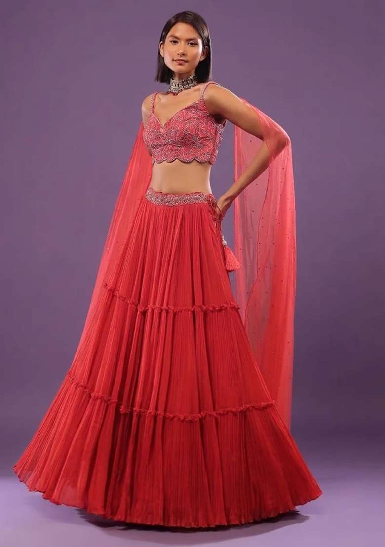 Pink Chiffon Handwork Lehenga Set - Indya