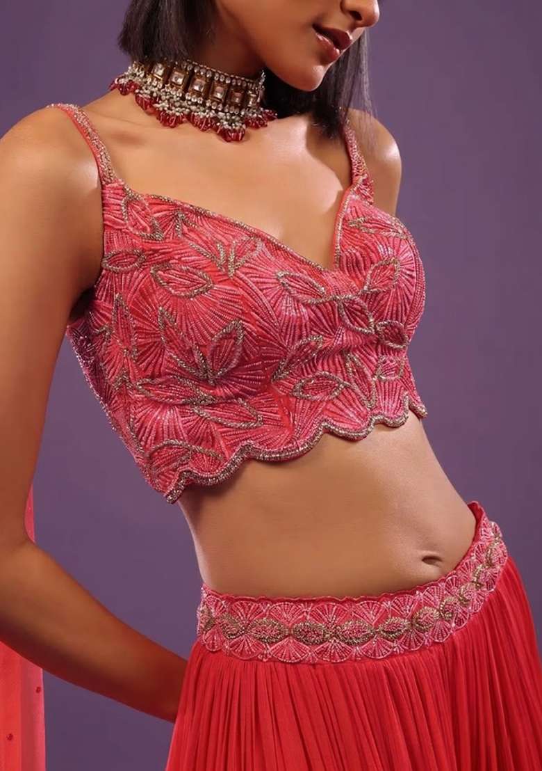 Pink Chiffon Handwork Lehenga Set - Indya