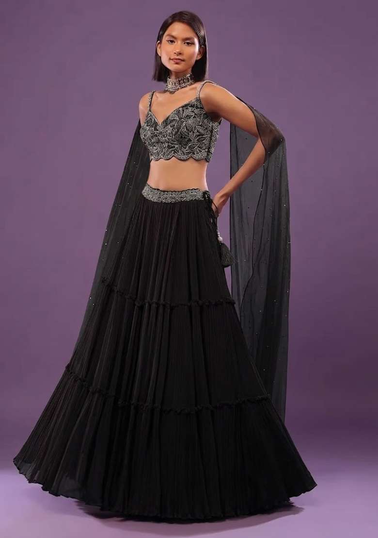 Black Chiffon Handwork Lehenga Set - Indya