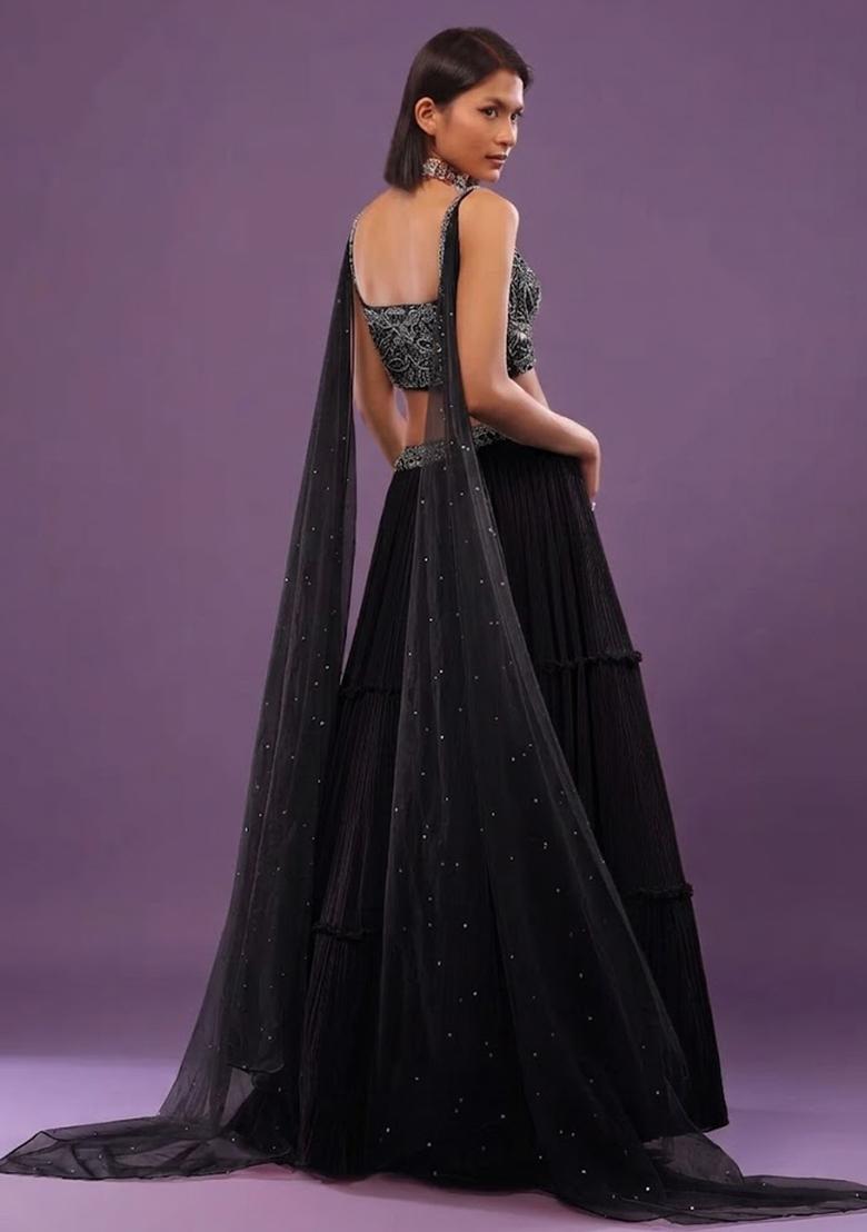 Black Chiffon Handwork Lehenga Set - Indya