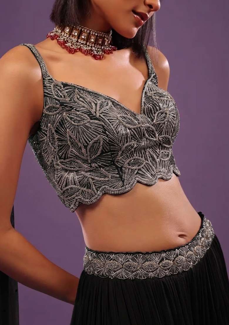 Black Chiffon Handwork Lehenga Set - Indya