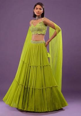 Lime Green Chiffon Handwork Lehenga Set