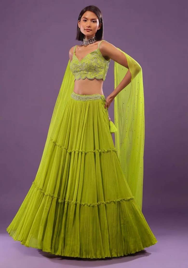 Lime Green Chiffon Handwork Lehenga Set - Indya