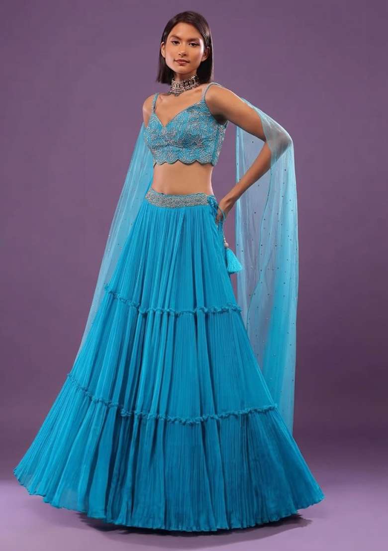 Blue Chiffon Handwork Lehenga Set - Indya