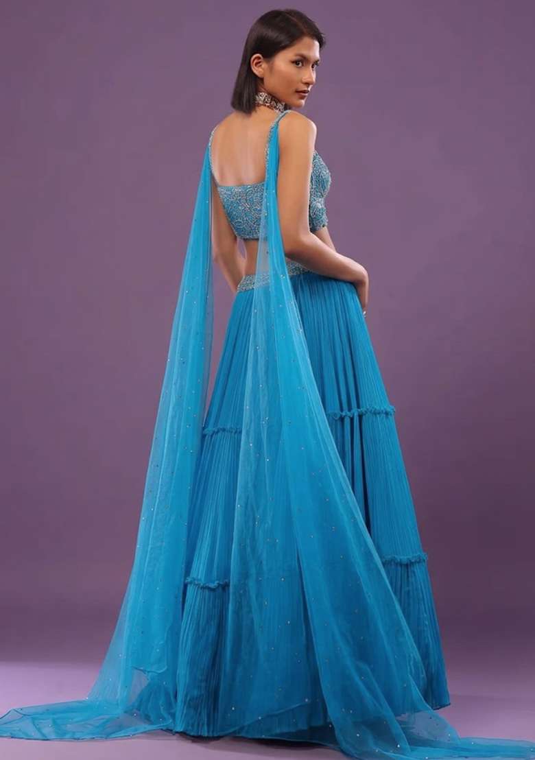 Blue Chiffon Handwork Lehenga Set - Indya