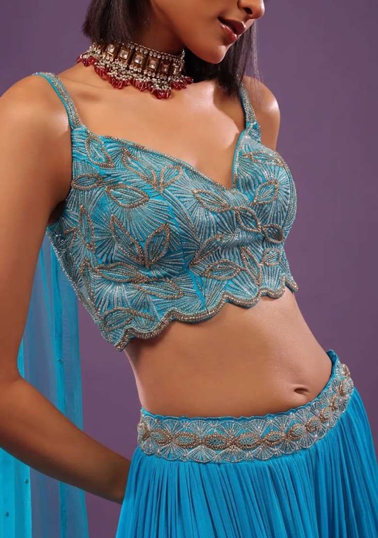 Blue Chiffon Handwork Lehenga Set - Indya