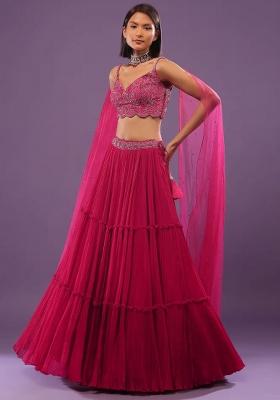 Hot Pink Chiffon Handwork Lehenga Set