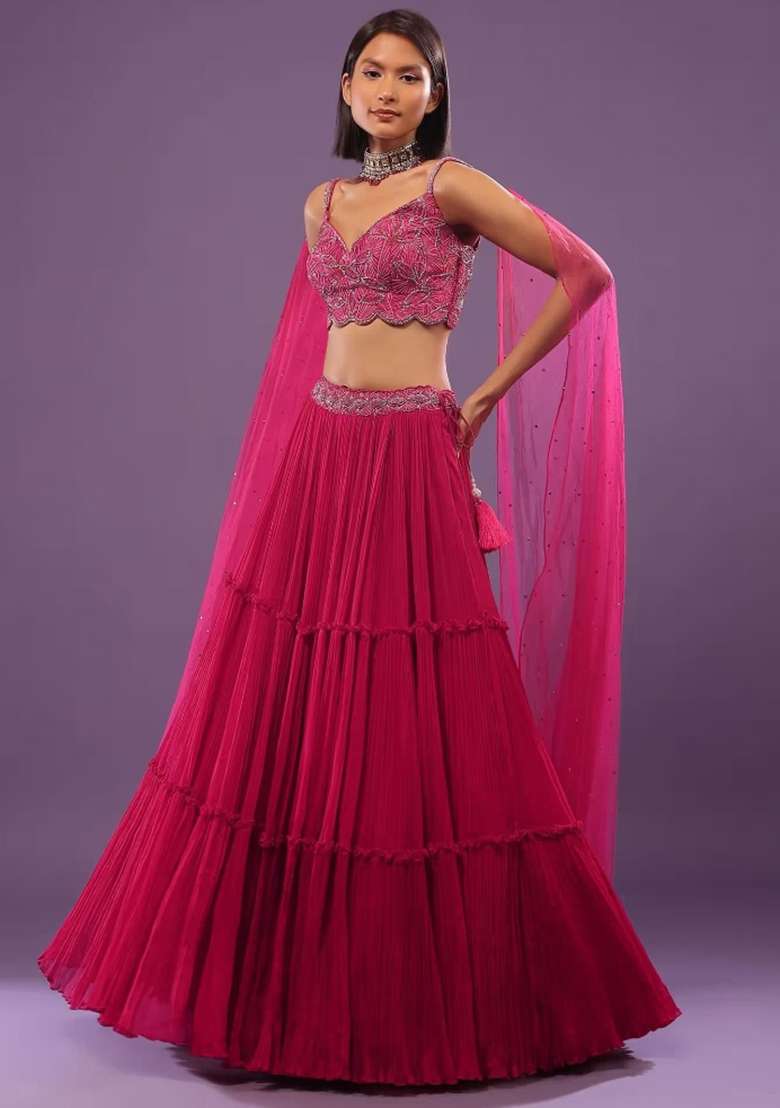 Hot Pink Chiffon Handwork Lehenga Set - Indya