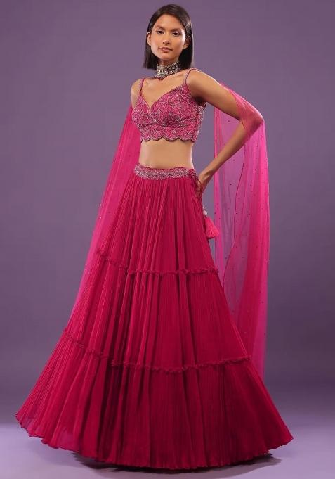 Hot Pink Chiffon Handwork Lehenga Set