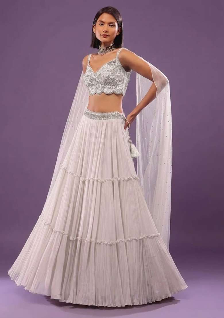 White Chiffon Handwork Lehenga Set - Indya