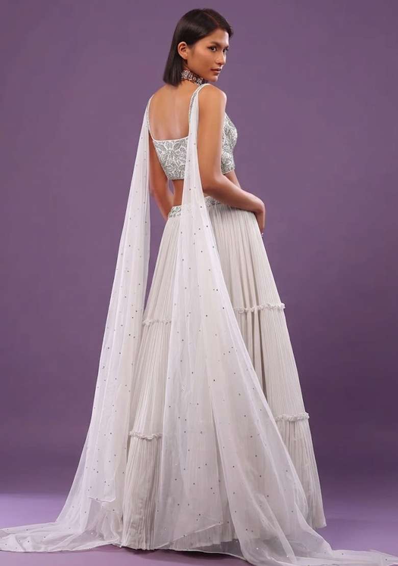 White Chiffon Handwork Lehenga Set - Indya