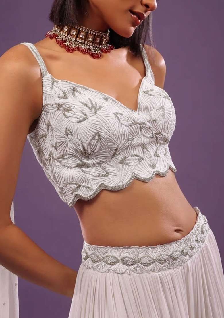 White Chiffon Handwork Lehenga Set - Indya
