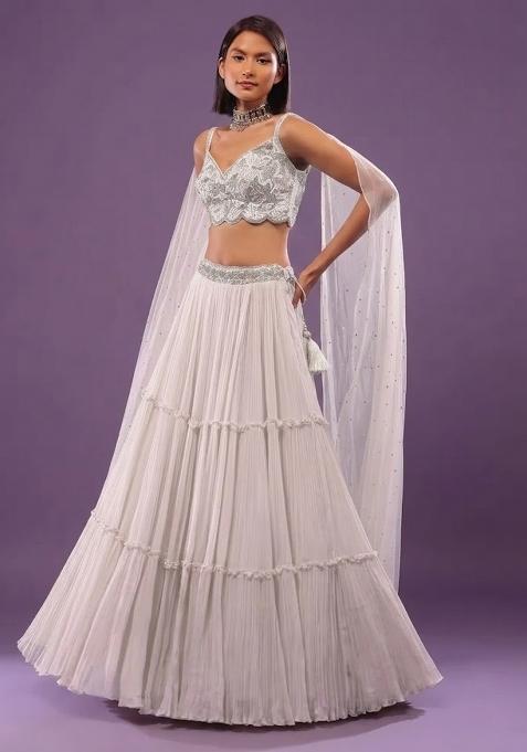 White Chiffon Handwork Lehenga Set