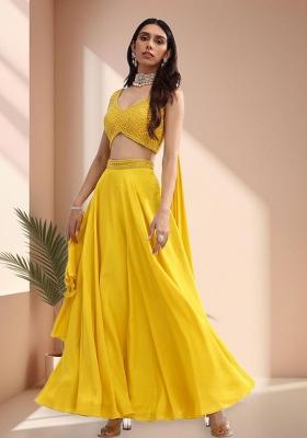 Yellow Crepe Handwork Lehenga Set