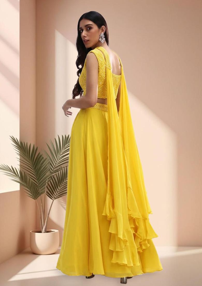Yellow Crepe Handwork Lehenga Set - Indya