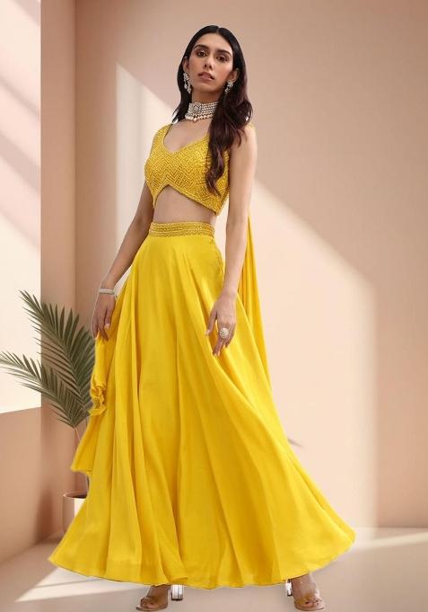 Yellow Crepe Handwork Lehenga Set