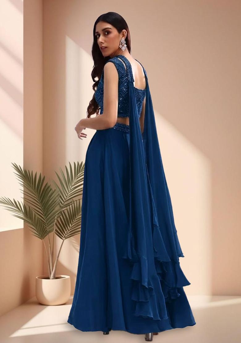 Dark Blue Crepe Handwork Lehenga Set - Indya