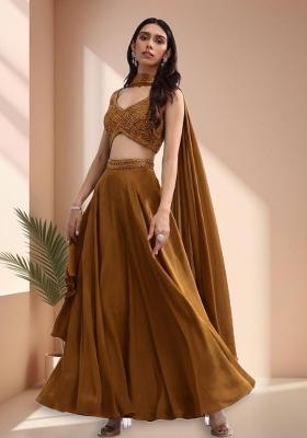 Brown Crepe Handwork Lehenga Set