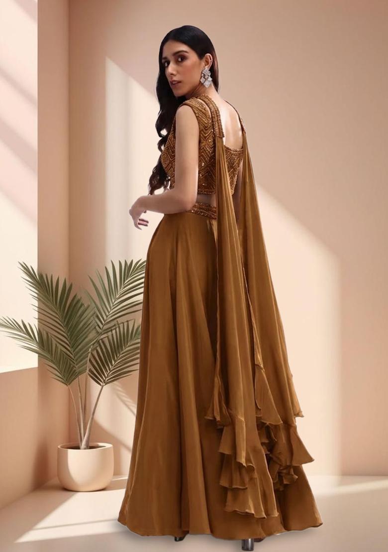 Brown Crepe Handwork Lehenga Set - Indya