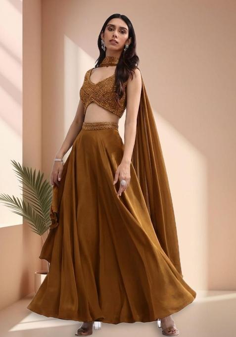 Brown Crepe Handwork Lehenga Set