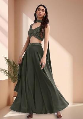 Olive Green Crepe Handwork Lehenga Set