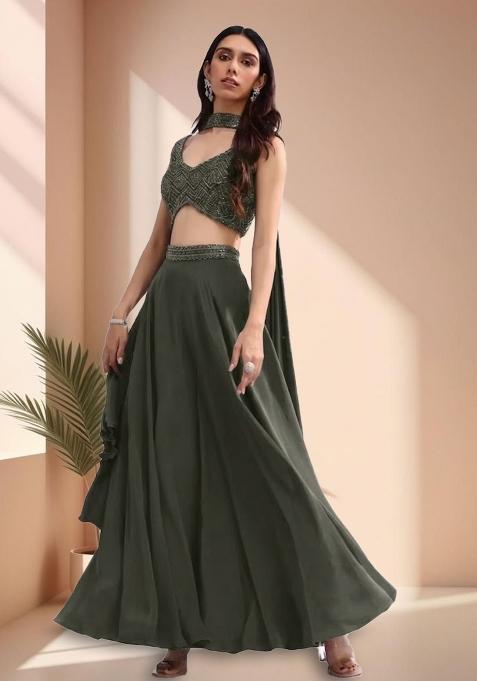 Olive Green Crepe Handwork Lehenga Set