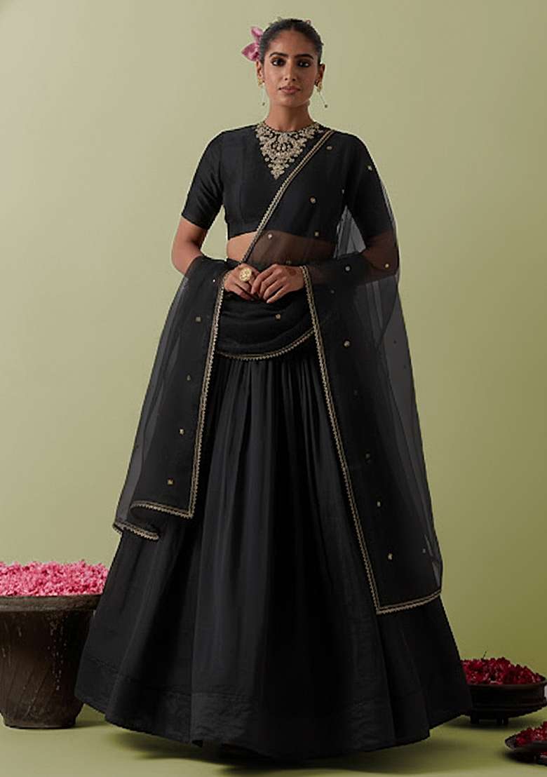 Black Crepe Lehenga Set with Handwork for Diwali | Wedding & Festive Wear - Indya