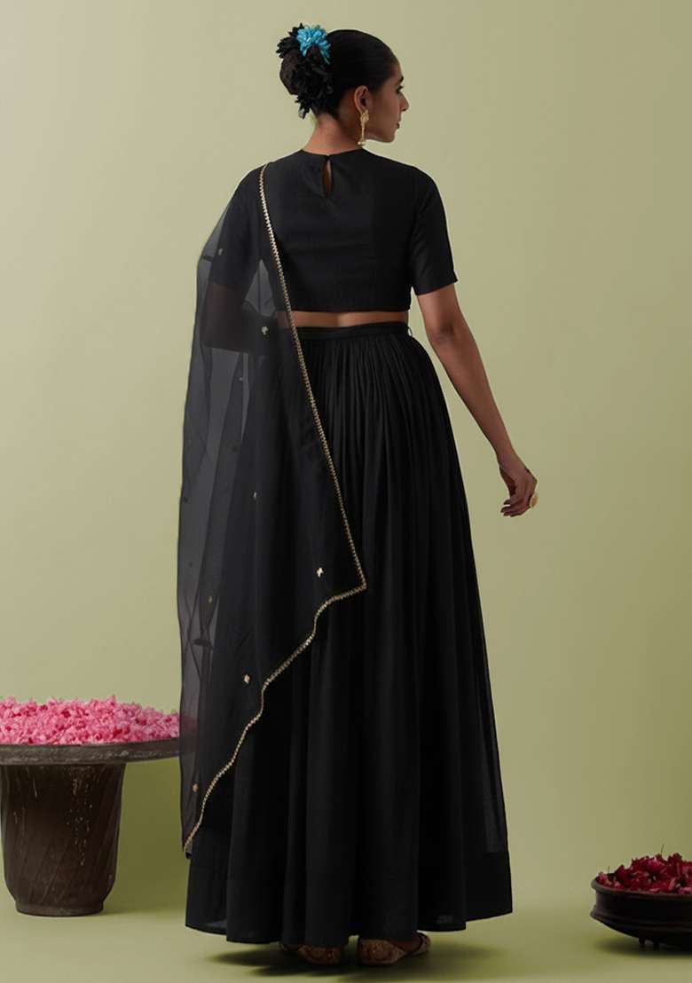 Black Crepe Lehenga Set with Handwork for Diwali | Wedding & Festive Wear - Indya