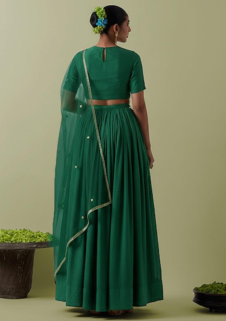 Bottle Green Crepe Handwork Lehenga Set - Indya