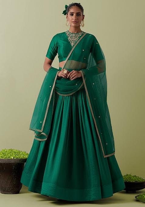 Bottle Green Crepe Handwork Lehenga Set